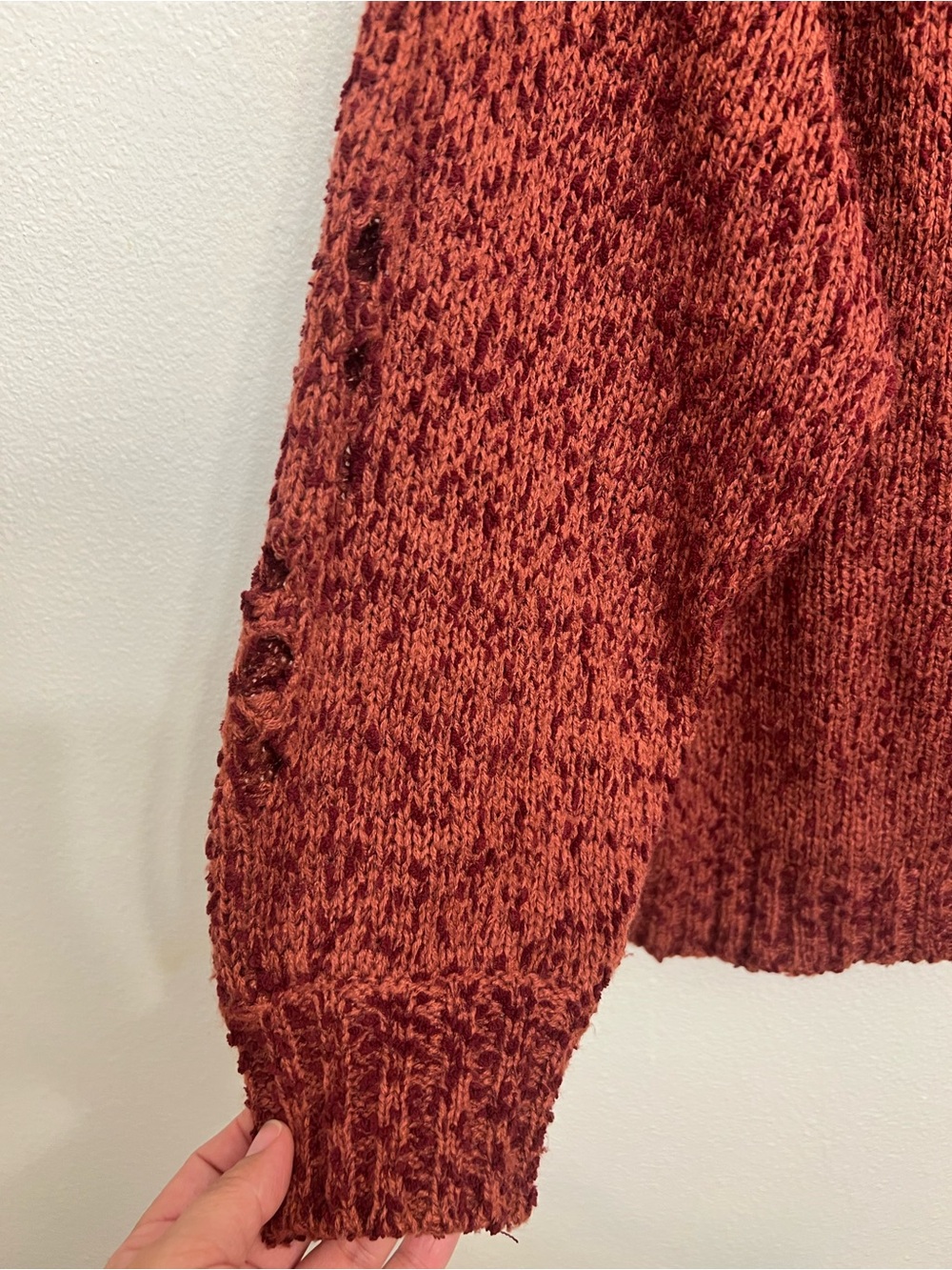 Umgee Distressed Chunky Knit Oversized Sweater - Burgundy (Medium) - Picture 5 of 9